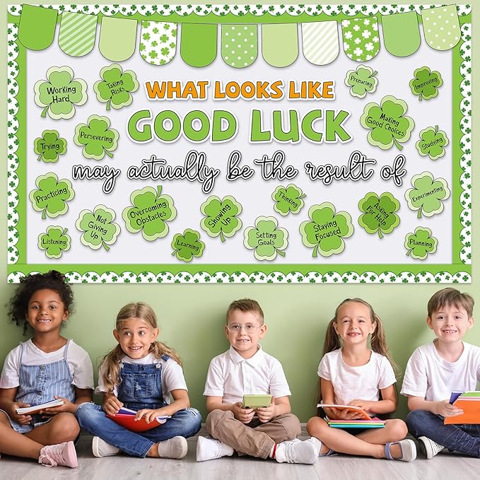 St. Patrick's Day Bulletin Board Decoration Set Lucky Shamrock Motivational Classroom Decoration Green Shamrock Positive Paper Cutouts for Irish Holiday Party School Home Office Chalkboard Wall Decor