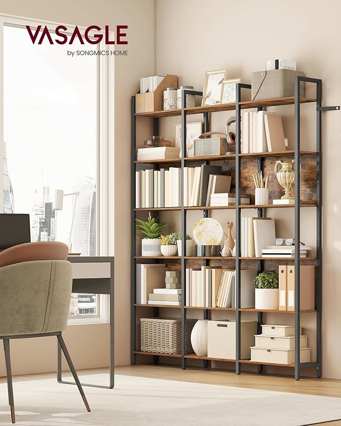 VASAGLE 6-Tier Bookshelf, Book Shelf, Industrial Bookcase, with Steel Frame, for Living Room, Home Office, Bedroom, 9.4 x 50.4 x 73.7 Inches, Rustic Brown and Ink Black ULLS151K01