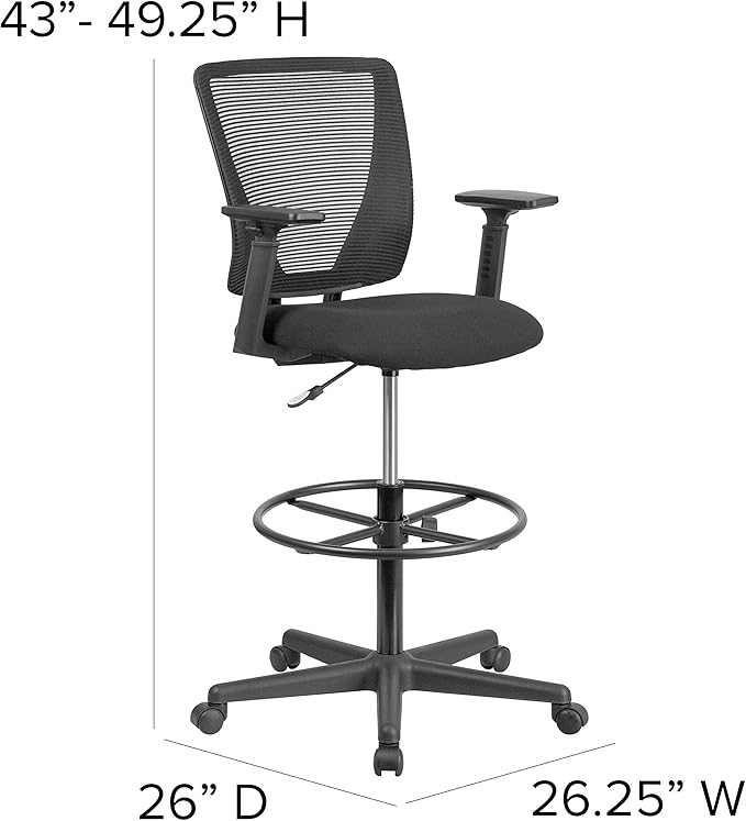 Flash Furniture Harper Ergonomic Mid-Back Mesh Drafting Chair with Black Fabric Seat, Adjustable Foot Ring and Adjustable Arms