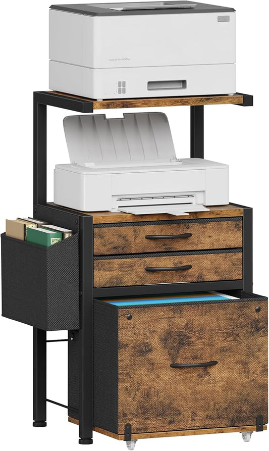 3-Drawer File Cabinet, Filing Cabinet with 2-Tier Printer Shelves, Office Cabinets with Side Bag&File Drawer for A4/Letter Size, Printer Stand with Storage for Home Office, Rustic Brown