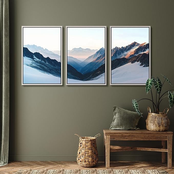 SIGNFORD Framed Wall Art Print Set Snowy Mountain Valley Majestic Winter Alpine Scene Digital Art Modern Art Contemporary for Living Room, Bedroom, Office - 24"x36"x3 White