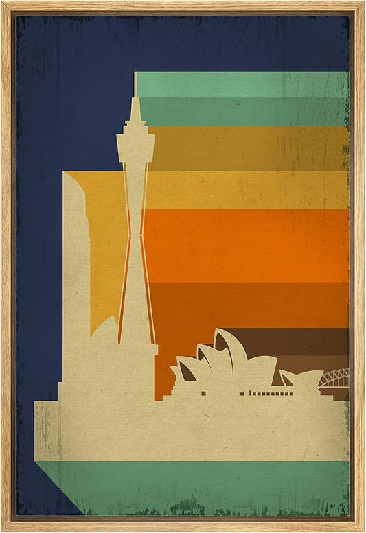 IDEA4WALL Framed Canvas Print Wall Art Retro Vintage Sydney Australia Cultural Building Illustrations Modern Art Contemporary Scenic Warm for Living Room, Bedroom, Office - 16"x24" NATURAL