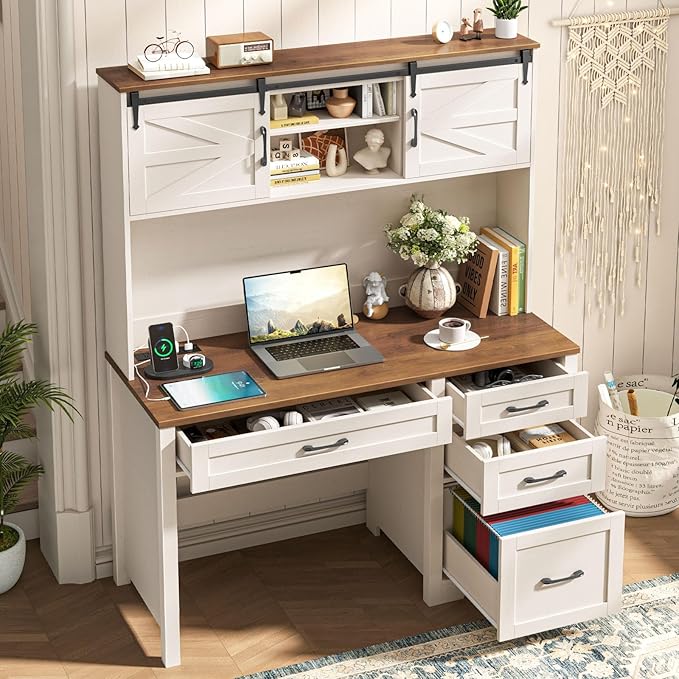Farmhouse 67" H Executive Desk with Hutch,Office Table with LED light and 4 Drawers,Computer Desk with Charging Station,File Drawers and Storage Cabinet,Workstation for Home Office.Unique White