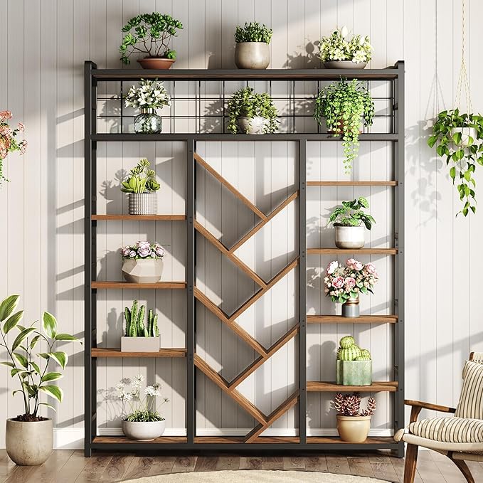 Triple 7-Tier Bookshelf, Industrial Large Bookcase with 20 Open Display Shelves, Modern Tree Bookcase with Metal Frame and Hanging Function for Living Room, Home Office, Rustic Brown and Black