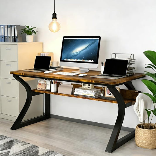 Computer Desk 55 x 23.6 Inch Home Office Desk, Large Modern Computer Desks with Storage Shelf, Metal Frame Work Study Writing Office Desk with Cable Hole, Wide Desk for PC & Monitors (Brown, 55)