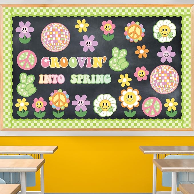 Xqumoi Retro Groovin' Into Spring Bulletin Board Decorations - 86Pcs Groovy Hippie Boho Spring Flowers Cutouts Name Tags Checkerboard Boarder Trim School Classroom Home Office Chalkboard Wall Decor