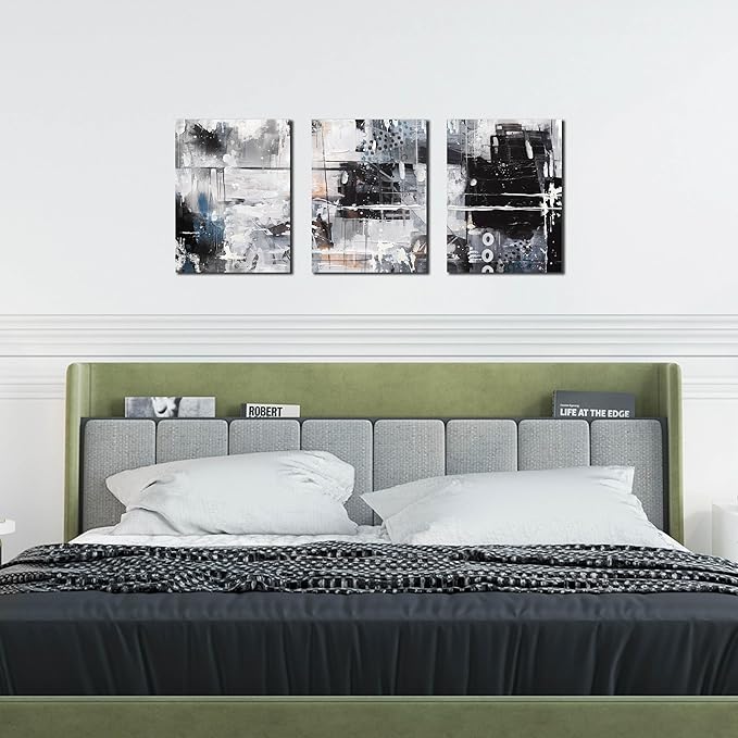 Abstract Wall Art for Living Room - Modern Black and White Wall Art for Bedroom - Home Office Wall Decor Size 12" x 16" x 3 Piece