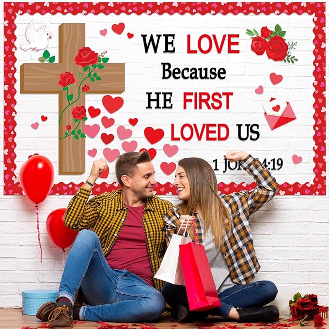 Valentine's Day Christian Bulletin Board Set Religious Bible Verse Classroom Decoration Inspirational Jesus Rose Cross Paper Cutouts Heart Bulletin Board Border for Church Sunday School VBS Wall Decor