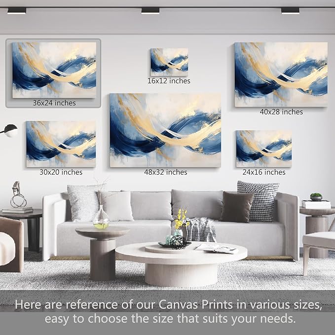 gaosoul Blue Gold Abstract Canvas Art Modern Oil Painting Giclee Print Bold Navy Azure Swirls with Metallic Gold Highlights for Living Room Home Office Decor Framed 36x24in