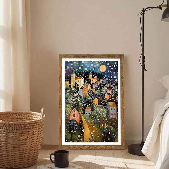 AVECCO Framed Colorful House Village Night Canvas Wall Art, Gustav Klimt Style Moon Stars Tree Wall Decor, Vibrant Starry Landscape Prints for Bathroom Living Room Bedroom Dining Room Office 16x24 in