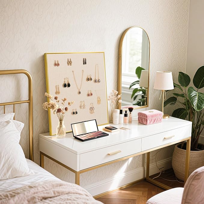 Linen Bulletin Board 24 x 18 Inches, White Cork Board for Wall, Gold Aluminum Framed Fabric Pin Board Tack Board, 10 Push Pins, Beige