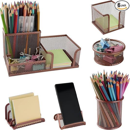 Desk Organizer for Office, 6 Pieces Mesh Desk Multi-functional Storage Set Office Supplies Accessories (Rose Gold)