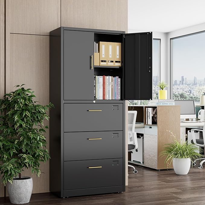 Office File Cabinet with 3 Drawers,Metal Filing Cabinet with Doors for Home Office School for Hanging Letter/Legal/F4/A4 Size Folders,Required Assembly,Black