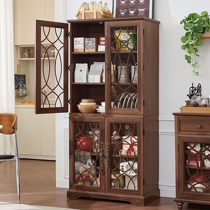 67" Tall Bookshelf, Vintage Book Shelf with Glass Doors, 5-Tier Wood Bookcase w/Adjustable Storage Shelves, Freestanding Rustic Curio Display Cabinet for Living Room, Office, Brown, 2PCS