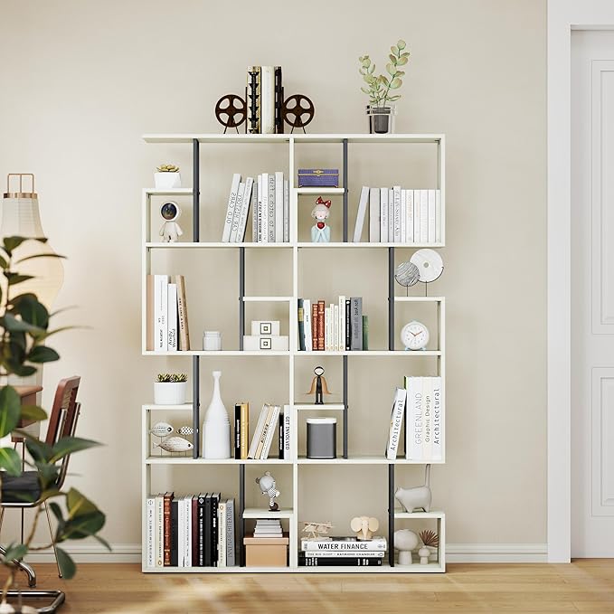 Manora 4 Tier Geometric Bookcase, S Shaped Bookshelf, Modern White Bookcase with Tall Display Shelves, Decorative Storage Shelf for Living Room and Bedroom