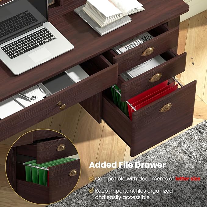 Tangkula Computer Desk with 4 Storage Drawers & Hutch, Home Office Desk Vintage Desk with Storage Shelves, Wooden Executive Desk Writing Study Desk (Brown)