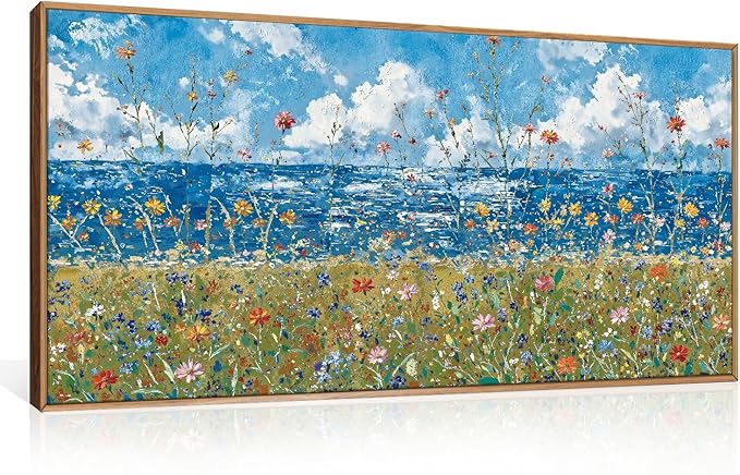 Large Blue Seaside Wildflower Framed Canvas Wall Art,Modern Nature Ocean Wall Decor,Rustic Sky Printing,White Cloud Landscape Artwork for Living Room,Bedroom,Dining Room-20"x40"x1