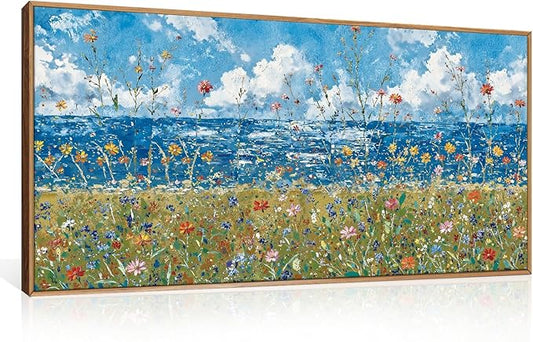 Large Blue Seaside Wildflower Framed Canvas Wall Art,Modern Nature Ocean Wall Decor,Rustic Sky Printing,White Cloud Landscape Artwork for Living Room,Bedroom,Dining Room-20"x40"x1