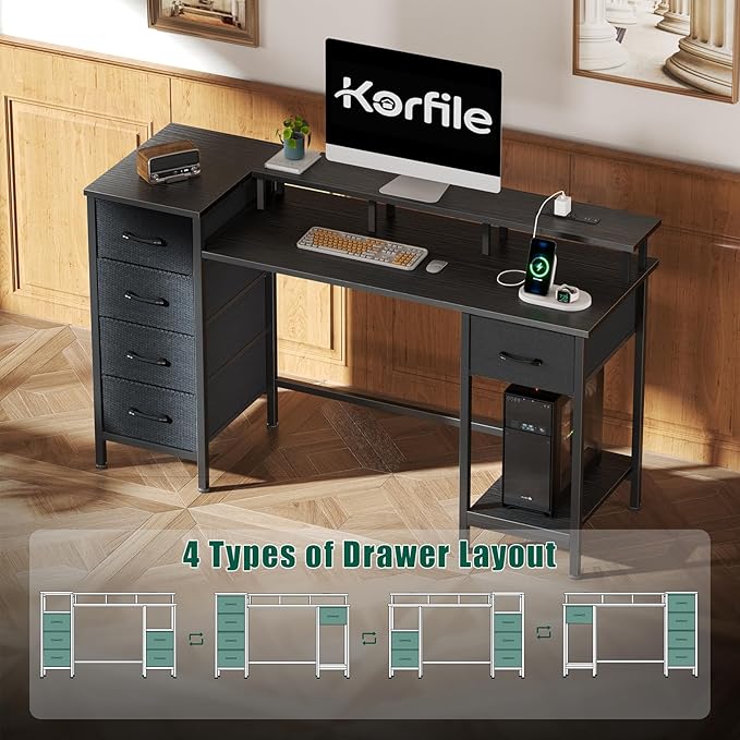 47 Inch Computer Desk with 5 Fabric Storage Drawers,Gaming Desk with Power Outlets & LED Lights,Reversible Home Office Desk with Monitor Stand for Working Writing Study, Black