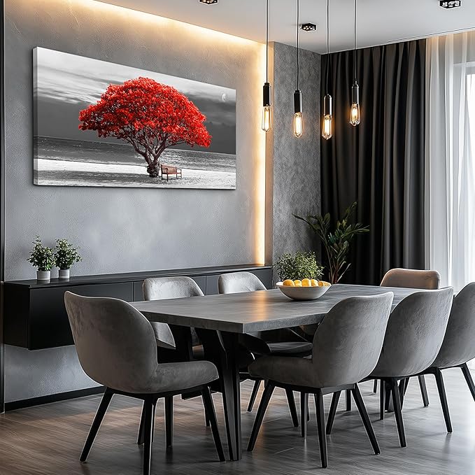wall art for living room Decorations Photo Prints - panoramic black and white with red trees The moon Landscape - Modern Home Decor The room Stretched and Framed Ready to Hang artwork 20x40inches