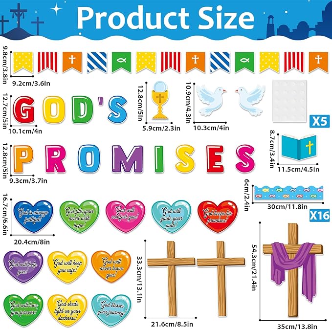 gisgfim Christian Bulletin Board Decorations Set Religious God’s Promises Paper Cutouts Colorful Heart Bible Bulletin Board Decor for Classroom Christmas Sunday School Chalkboard Wall