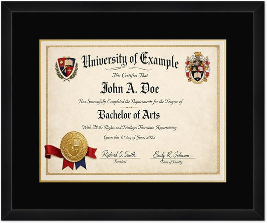 CountryArtHouse Diploma Frame Fits 17 x 13 International Diploma - Keepsake Graduation Display Matte Black Genuine Hardwood with Black Over Metallic Gold Double mat