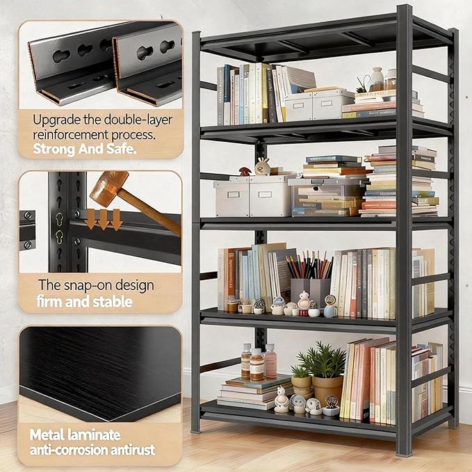 Bookshelf, 5 Tier Metal Wide Bookcase, Heavy Duty Adjustable Industrial Shelf for Living Room, Bedroom and Library, Black, 71.18" H x 35.43" W x 15.75" D