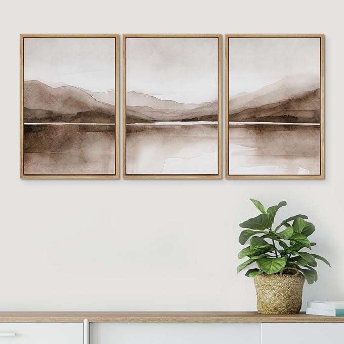 SIGNWIN Framed Canvas Print Wall Art Mountain Landscape Modern Minimalist Brown and Gray Watercolor Nature Wilderness Modern Art Cool for Living Room, Bedroom, Office - 16"x24"x3 Natural