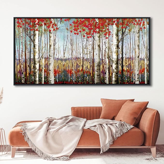 Large Canvas Wall Art - Framed Aspen Tree Oil Painting Style, Birch Tree Pictures for Living Room Wall Decor & Bedroom, 29x58 Modern Nature Artwork for Walls