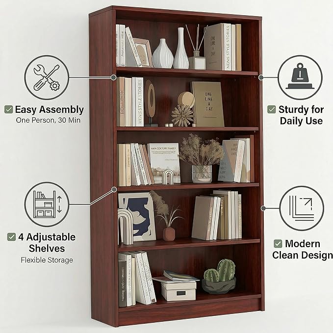 5 Tier Wooden Bookshelf, 60" H Tall Book Shelf with Adjustable Shelves, 33" Wide Bookshelf for Home Office, Living Room