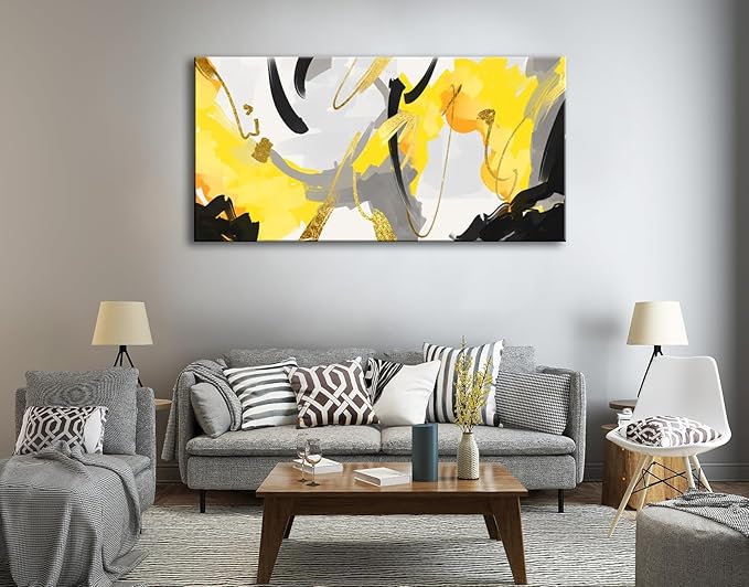 weiyiart Yellow Abstract Canvas Wall Art for Living Room Modern Contemporary Wall Paintings Large Print Picture Black & Gray Artwork Ready to Hang for Bedroom Dining Room Office Decor 29"x58"