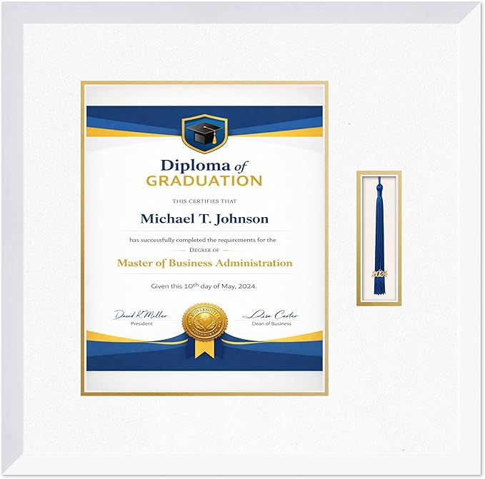 Diploma Frame with Tassel Holder Bright White Shadowbox Oyster Shell Over Gold Mat - Fits 11 x 14 Degree Made in the USA