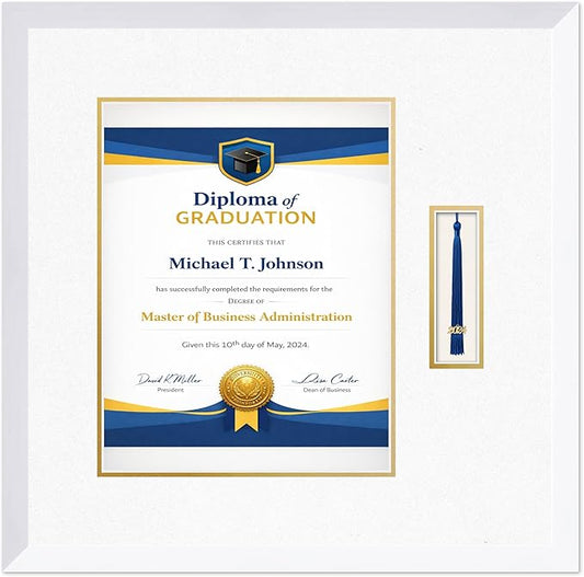 Diploma Frame with Tassel Holder Bright White Shadowbox Oyster Shell Over Gold Mat - Fits 11 x 14 Degree Made in the USA
