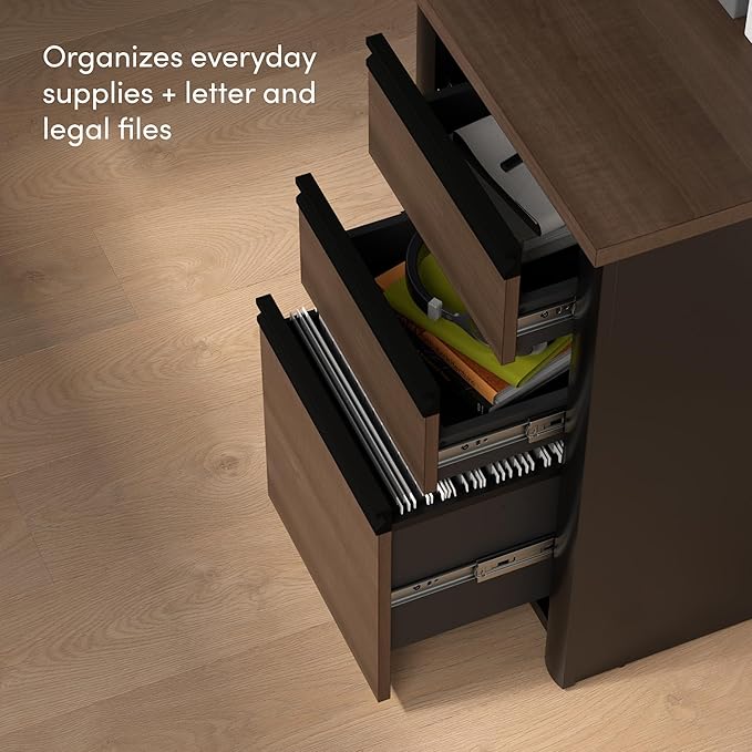 Bestar L Shaped Desk with Drawers, Hutch, and Keyboard Tray, Executive Workstation for Home or Professional Office, 72 Inches, Connexion Collection, Antigua and Black