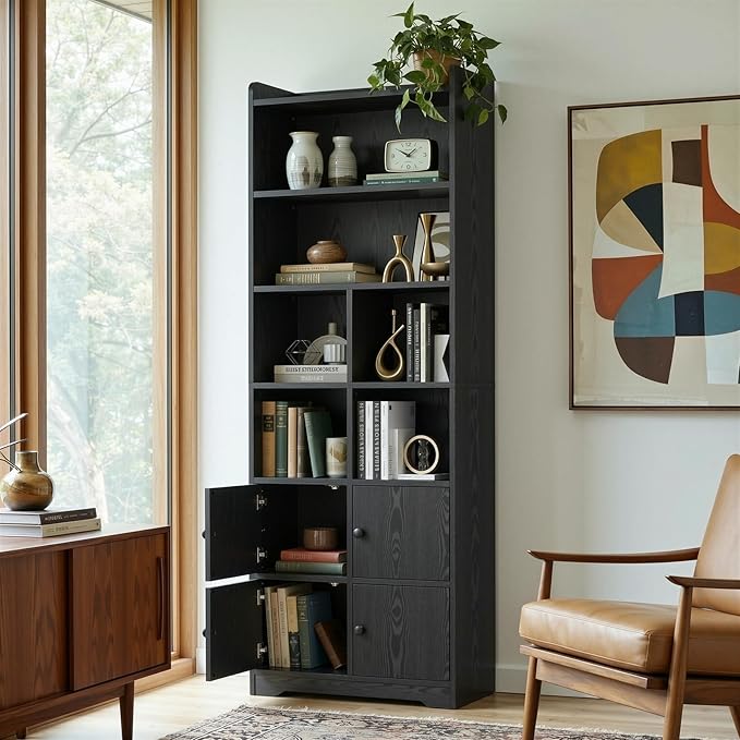 IRONCK Bookshelf with Doors, Book Shelf with Storage Shelves, 74.6 in Tall Bookcase for Home Office, Living Room, Bedroom, Black