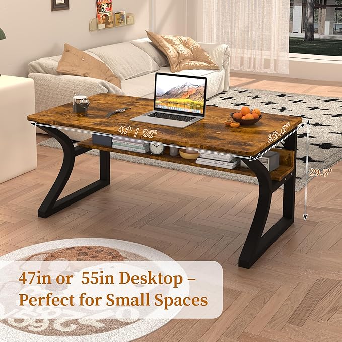 AZN Computer Desk, Computer Desk 47in, Office Desk w/Metal Frame & Storage, Office Desk for Study Writing Work Game, Home Office Desk Computer Desks w/Waterproof & Scratch-Resistant Surface, Brown