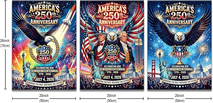 DINGFUN USA 250th Anniversary Wall Decor, America 250 Semiquincentennial 3 Panel Framed Canvas Art, 1776-2026 Patriotic Eagle and Statue of Liberty Large Artwork for Hallway, 60x28 Inch