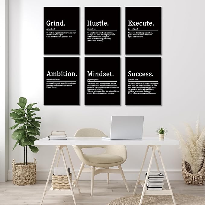 COSCTOR Set of 6 Grind Hustle Execute Ambition Mindset Success Motivational Wall Art Picture Decor Canvas Framed for Office Bedroom Inspirational Home Posters Paintings Ready to Hang(Framed,9x12)