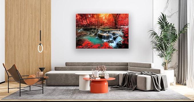 Muolunna BK03969 Wall Art Decor Canvas Print Picture Red Forest Waterfalls 1 Piece Modern Landscape Tree for Living Room Bedroom Kitchen Office Home Decorations Stretched and Framed Ready to Hang