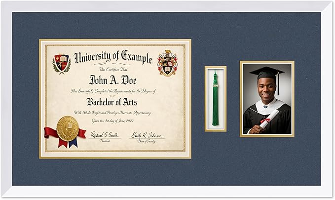 CountryArtHouse Diploma Tassel and Photo Shadowbox Fits 14 x 11 College Diploma (Modern) with Tassel H Bright White Genuine Hardwood with Navy Blue Over Metallic Gold Double mat