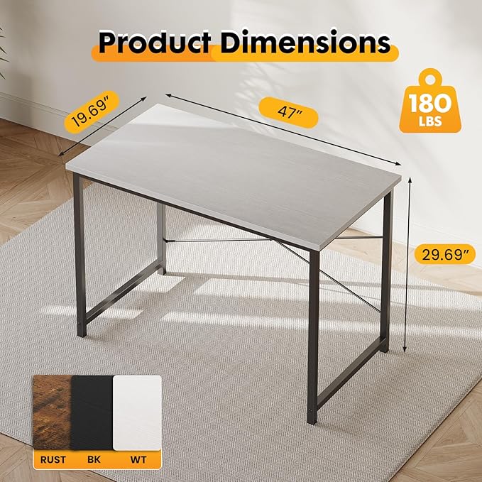 NEWBULIG 47.2” Computer Desk, White Office Writing Desks Compact Study Table Student Bedroom Home Work PC Workstations with Metal Frame Wood Tabletop Small Spaces