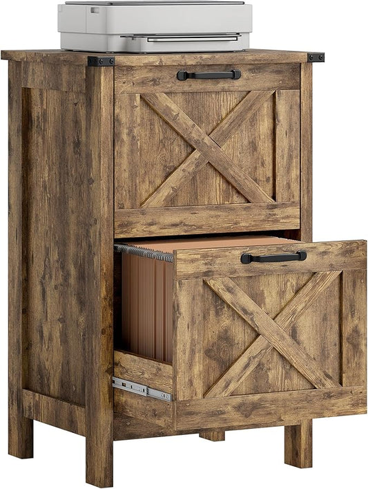 HOMCOM 2 Drawer Vertical File Cabinet with Silent Slides, Rustic Farmhouse Filing Cabinet with Barn Doors for A4/Letter Size, Printer Stand with Storage for Home Office, Rustic Brown
