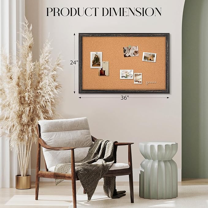 Cork Bulletin Board, 36" x 24" Corkboard for Wall, Rustic Black Wooden Frame, Hanging Pin Board for Home & Office Decor, 10 Push Pins