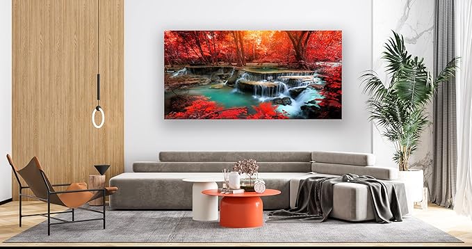 Muolunna BK03975 Wall Art Decor Canvas Print Picture Red Forest Waterfalls 1 Piece Modern Landscape Tree for Living Room Bedroom Kitchen Office Home Decorations Stretched and Framed Ready to Hang
