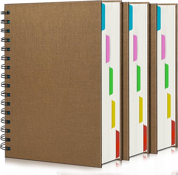 EUSOAR 5 Subject Notebook Hardcover, 3pcs A5 5.5"x8.3" College Ruled Spiral Writing Pad, Thick 100GSM 120Sheets/ 240Pages of Lined Paper, for Journals, Students, Office and Business, Kraft
