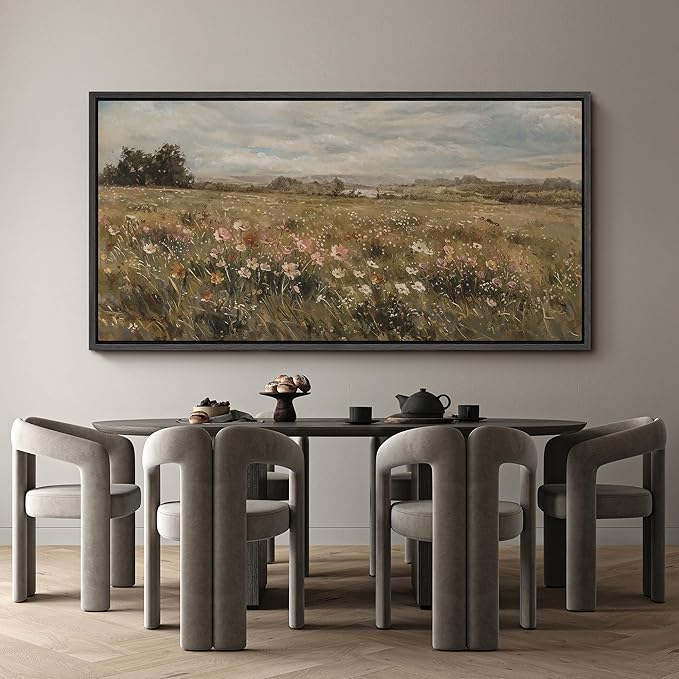 SIGNFORD Extra Large Framed Canvas Pastoral Flower Field Landscape Classic Illustrations Modern Art Calm Warm for Living Room, Bedroom, Office - 60"x30"