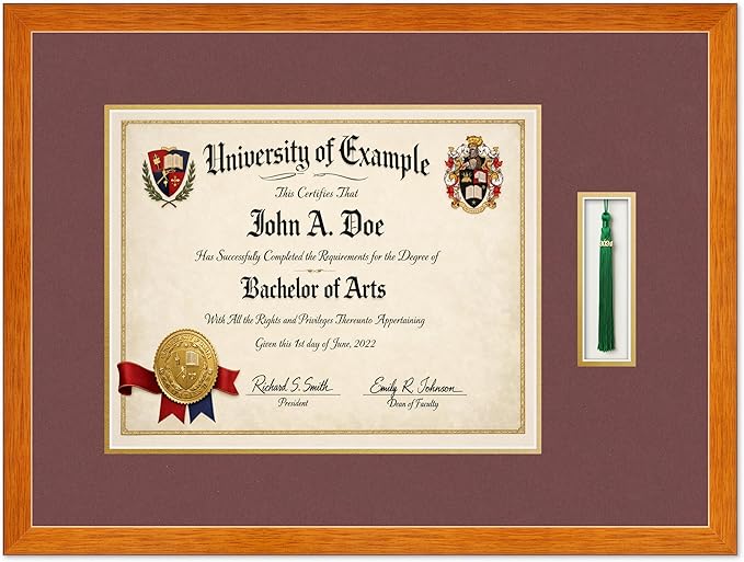 Diploma and Tassel Frame Fits 15 x 12 Military/Government with Tassel Hook Honey Oak Genuine Hardwood Shadowbox with Dark Red Over Metallic Gold Double mat