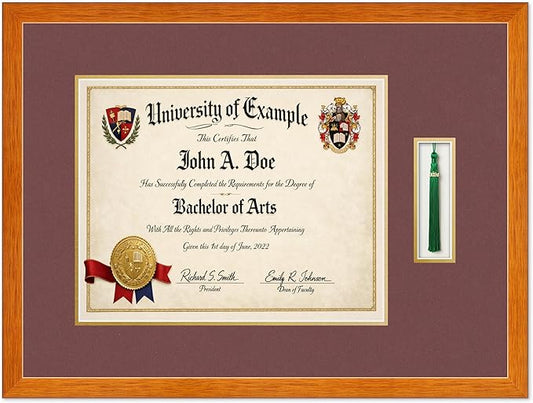 Diploma and Tassel Frame Fits 15 x 12 Military/Government with Tassel Hook Honey Oak Genuine Hardwood Shadowbox with Dark Red Over Metallic Gold Double mat