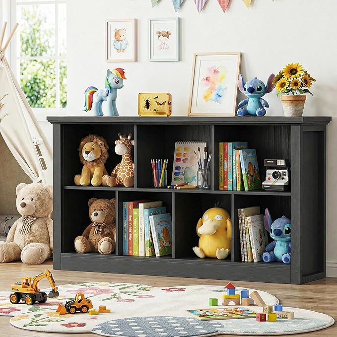 Unikito 7 Cube Storage Book Shelf - 50" Wide Wood Cube Storage Organizer, Wooden 2 Tiers Floor Standing Low Bookcase for Living Room, Bedroom, Home Office, Kids Room