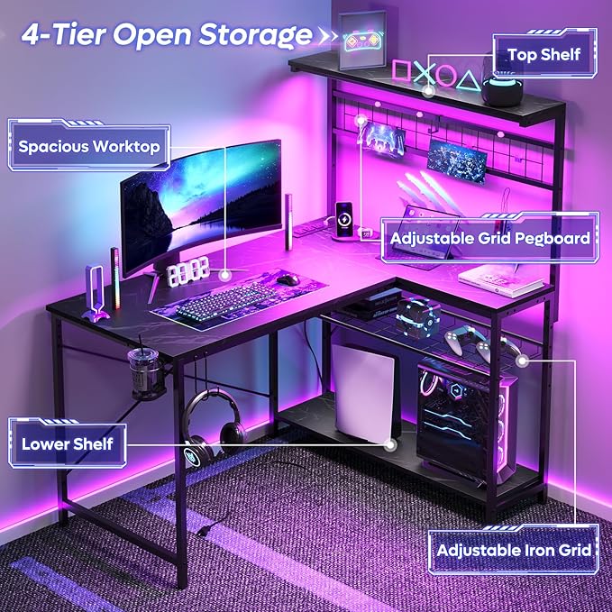 Bestier 42 L Shaped Gaming Desk, Computer Desk with Power Outlets & LED Light, Reversible Corner Desk with Shelves, Home Office Desk with Storage, Black Marble